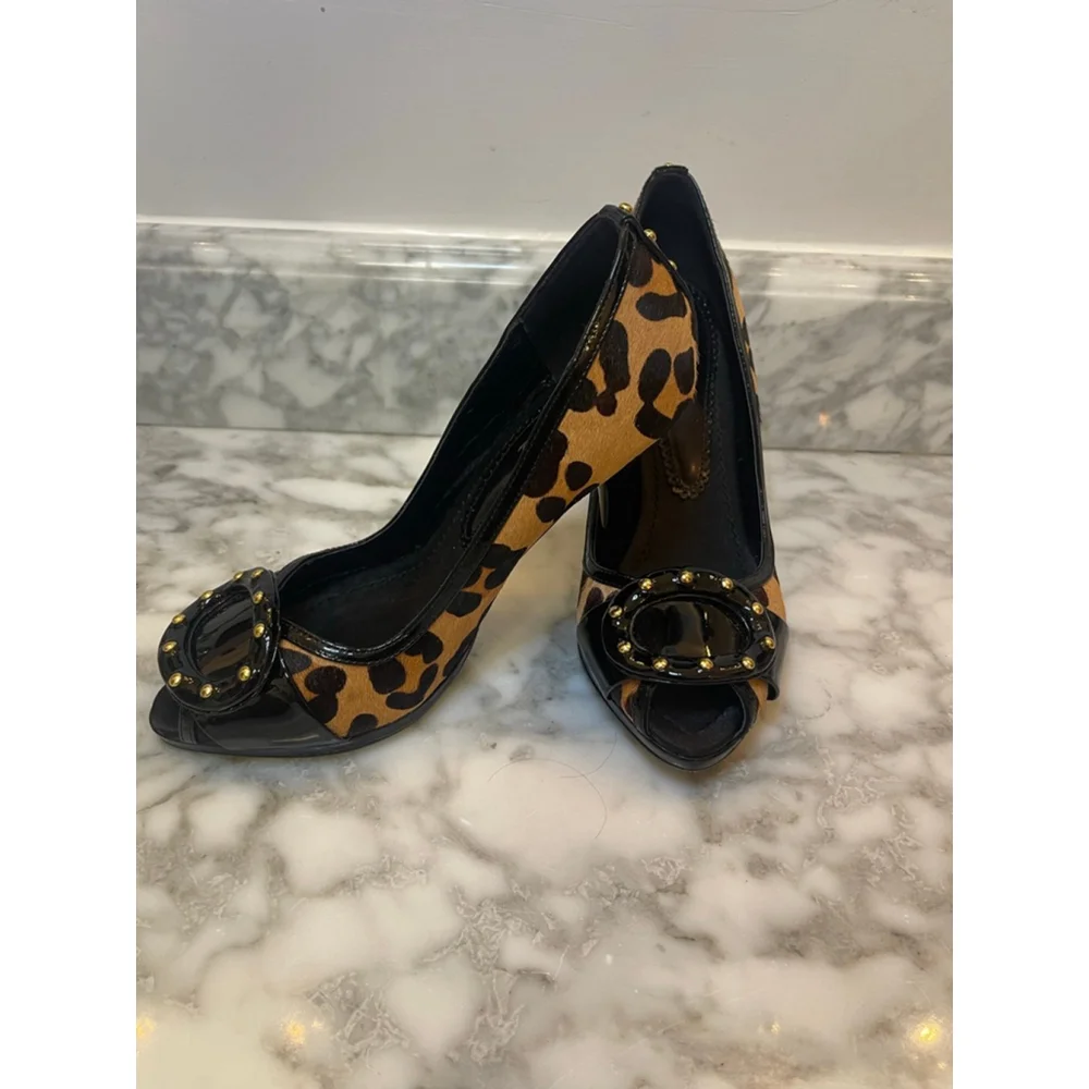 Y2K Bourne London Leopard Pony Hair Patent Leather Peep Toe Stiletto Heels Sz 37